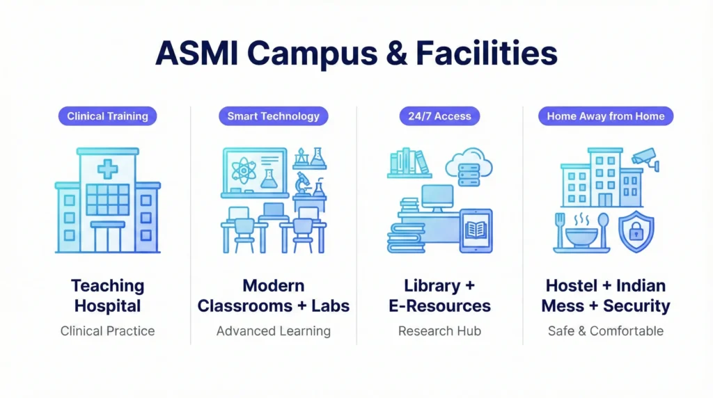 ASMI campus facilities teaching hospital labs library hostel Indian mess for MBBS students