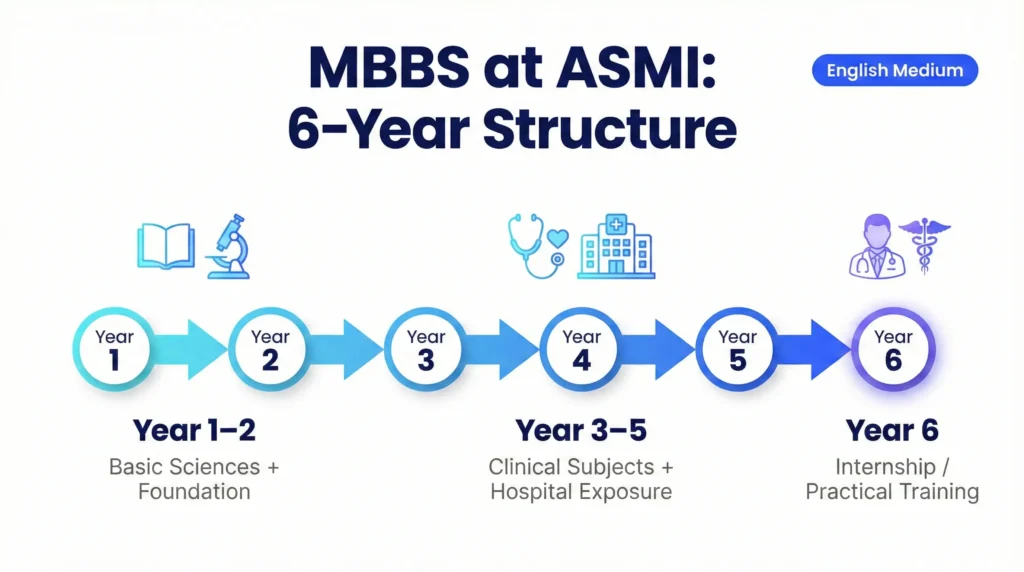ASMI MBBS course duration 6 years including internship for Indian students in Uzbekistan
