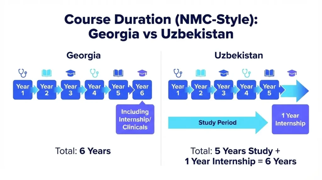 MBBS course duration Georgia vs Uzbekistan 5 years study plus 1 year internship