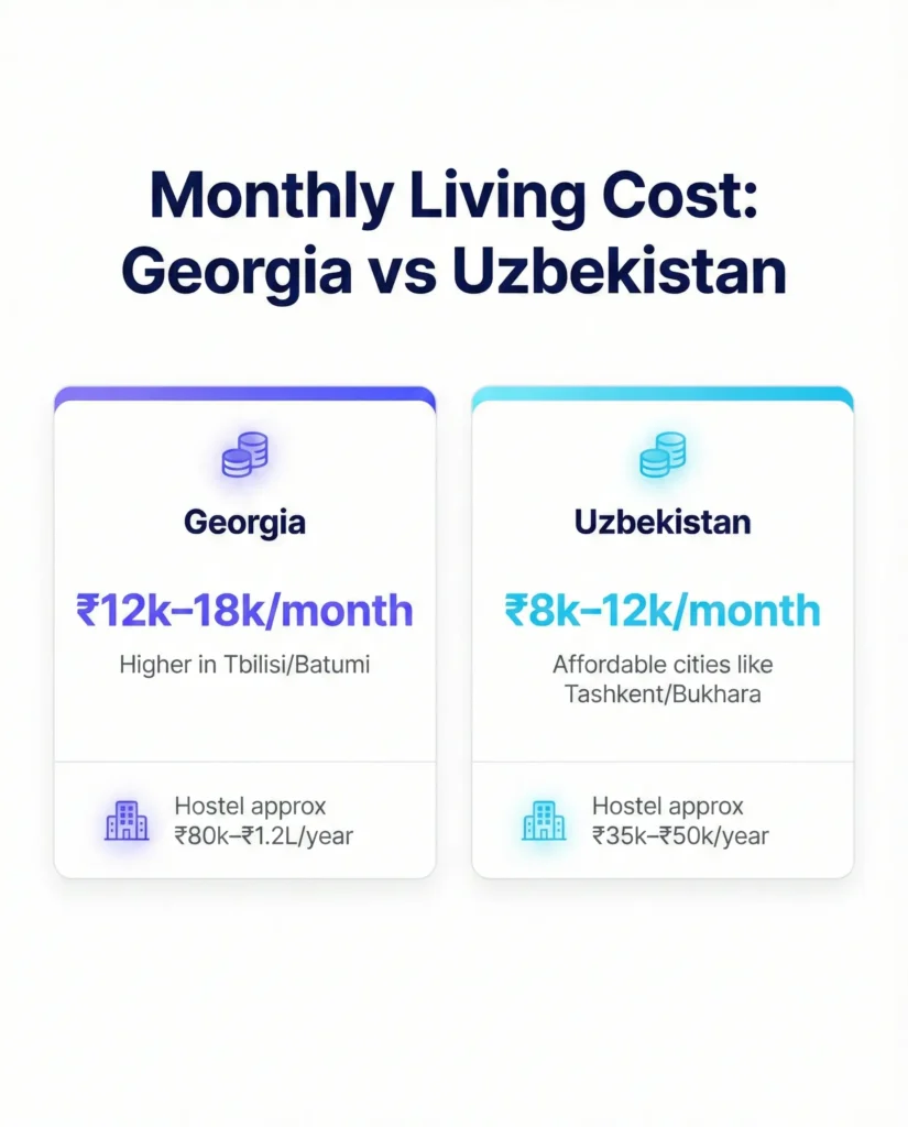Monthly living expenses Georgia vs Uzbekistan for MBBS students hostel food transport