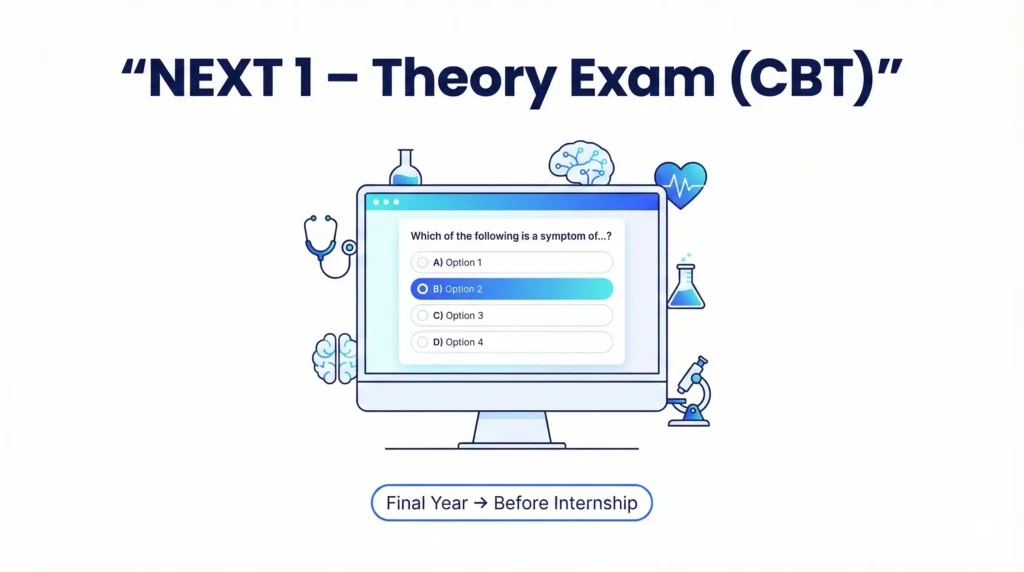 NEXT 1 theory exam computer based test conducted before internship